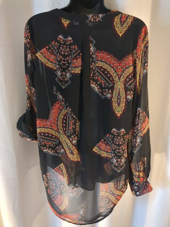 Sheer Black Partial Button Blouse / Tunic with colors of red / yellow /cream / - Picture 7 of 16